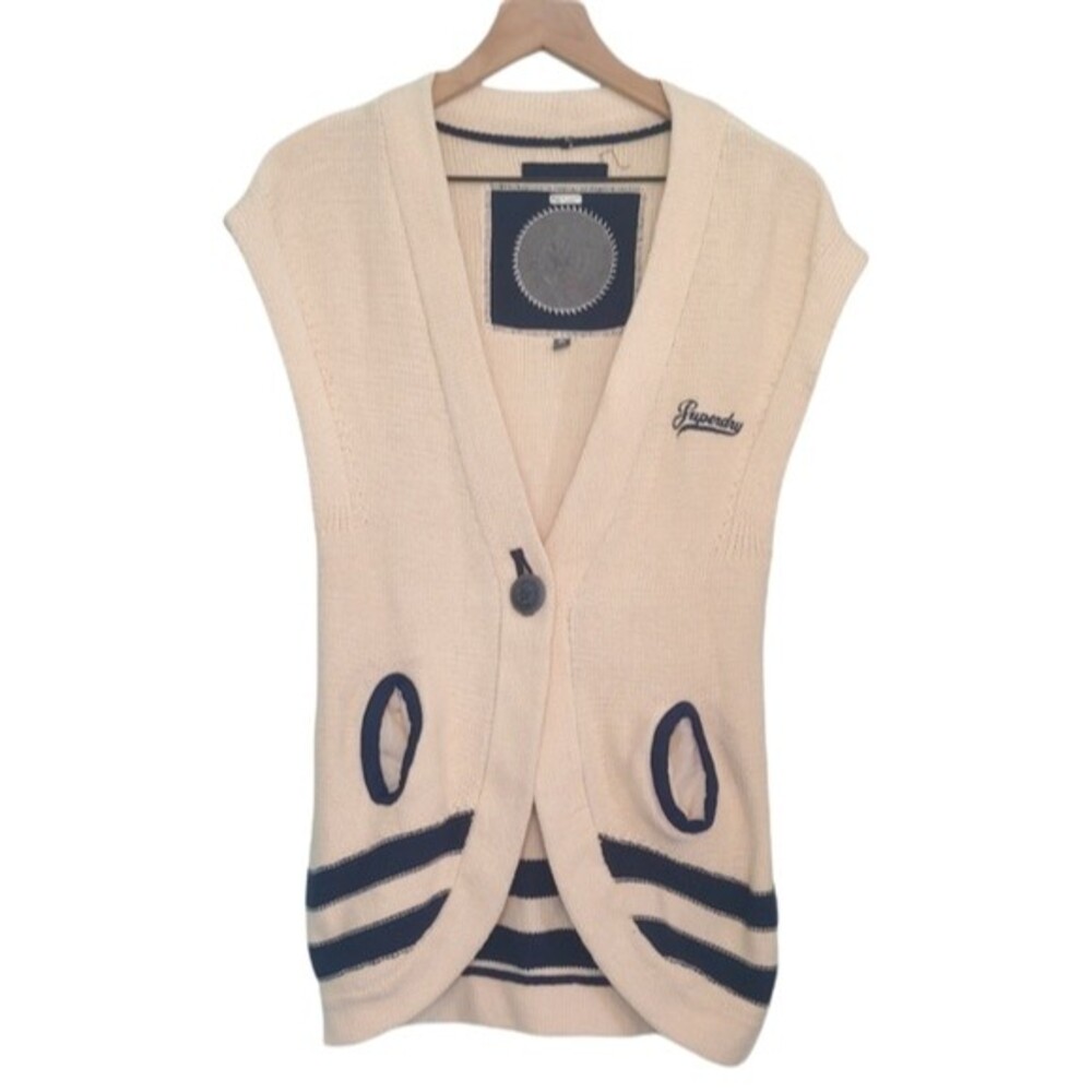 Superdry Baseball League Cream & Navy Sweater Vest Vintage Inspired Size Small